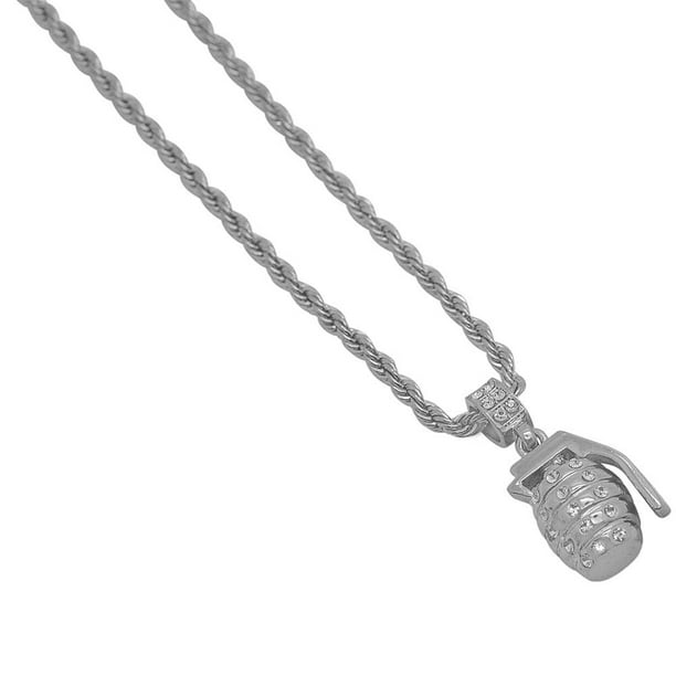 Men Fashion Necklace Silver Metal Chain Grenade 3D Pendant Bling Hip Hop Jewelry